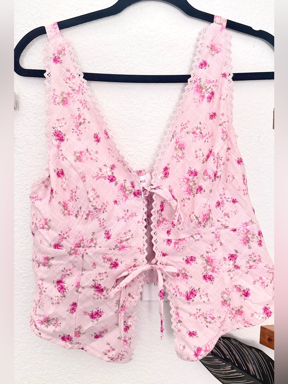 Pink Rose Ditsy Calico Floral Tank Lace Scalloped Tie Front Vest Cottagecore